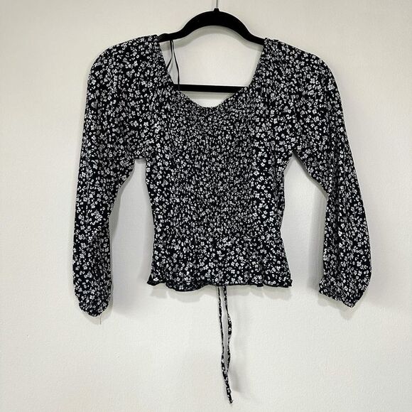 NWT Japna Black & White Floral Drawstring Crop Top - Picture 7 of 9